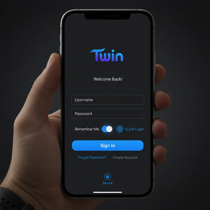 Écran de connexion Twin — champ email, mot de passe et option 2FA